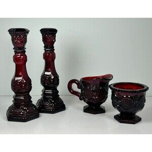 Avon CAPE COD Ruby Red 2 Tall Candlesticks AND Creamer and Sugar Set